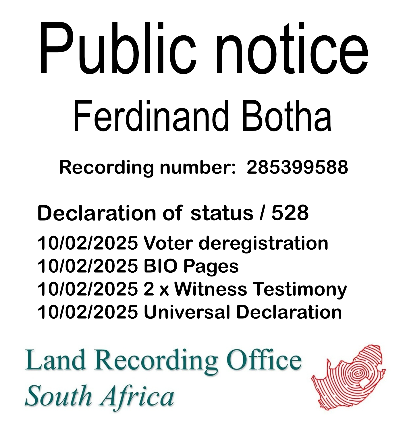 Public notice Ferdinand Botha Recording number 285399588